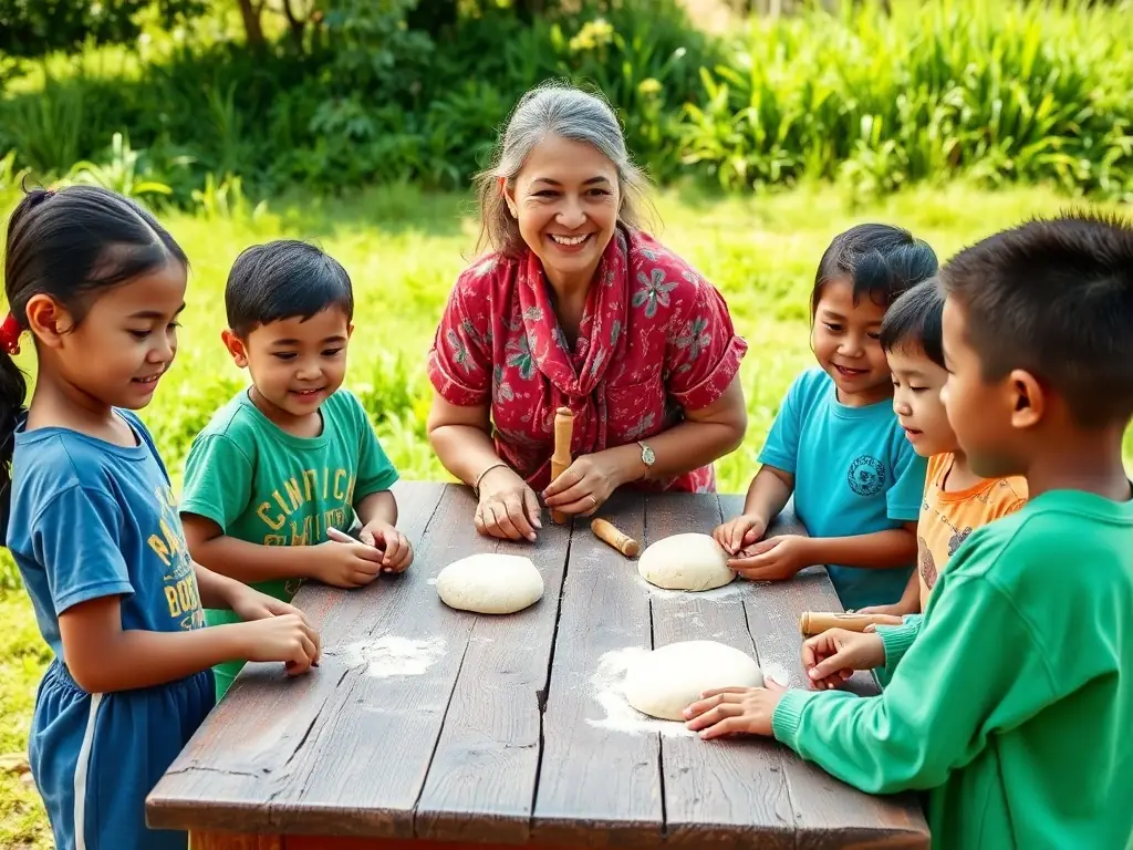 Children participating in a hands-on bread-making activity during a school visit, supervised by a community volunteer.