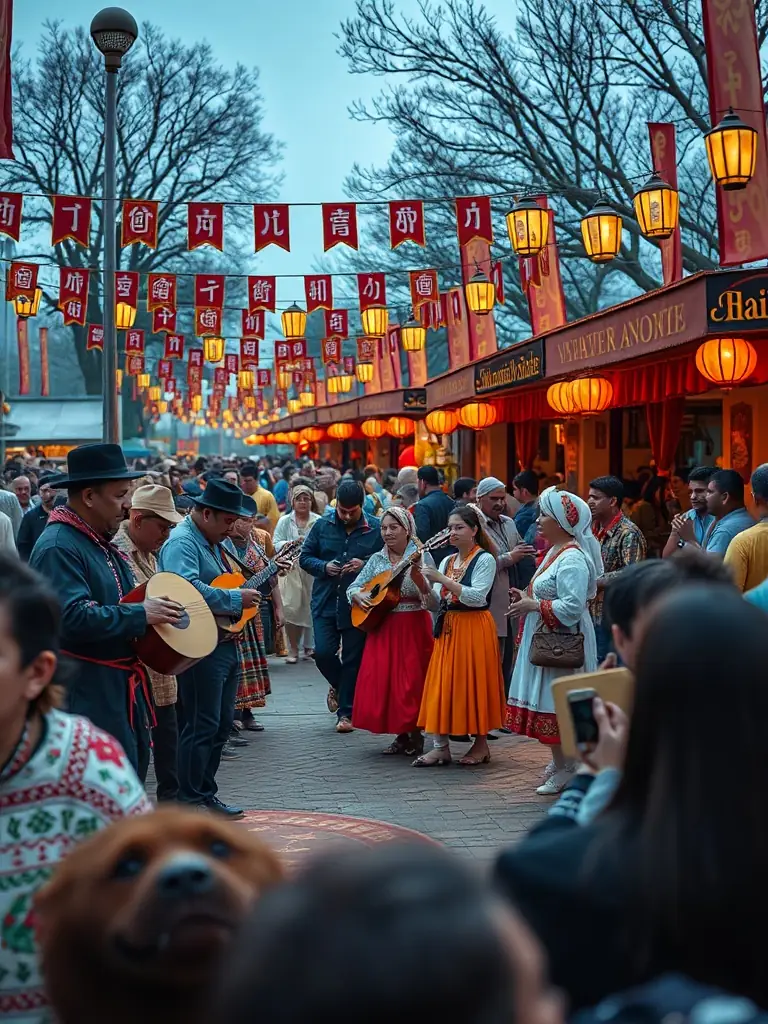 A lively outdoor festival with traditional music, dance, and artisans demonstrating bread-making techniques, attracting a diverse crowd. The image is used to showcase the Cultural Animation Events program.
