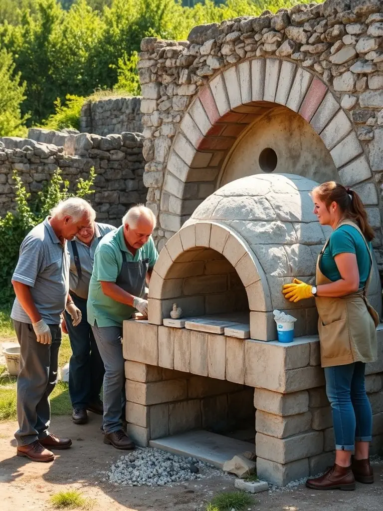 A diverse group of volunteers working together to restore a section of the historic fournil, showcasing community involvement and dedication to heritage preservation.
