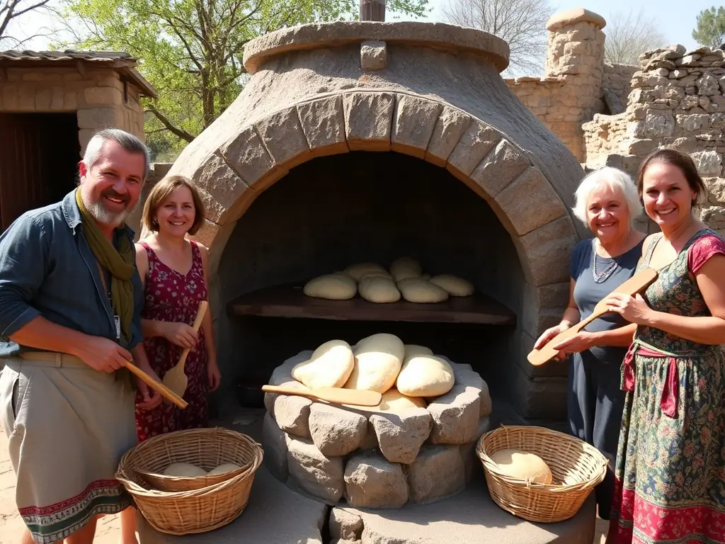 A group of community members gathered around a historic bread oven, actively participating in a bread-making workshop, with smiles and traditional tools in use.