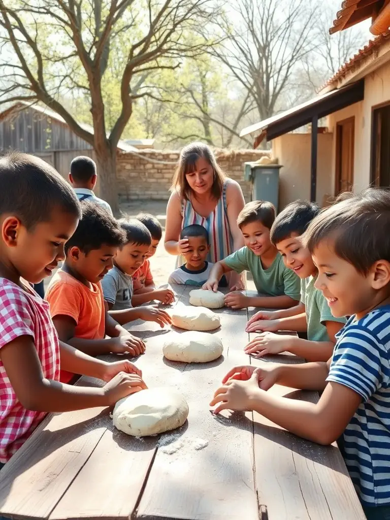 Children participating in a hands-on bread-making activity during a school visit, supervised by a community volunteer. The image is used to showcase the Educational Outreach Programs program.