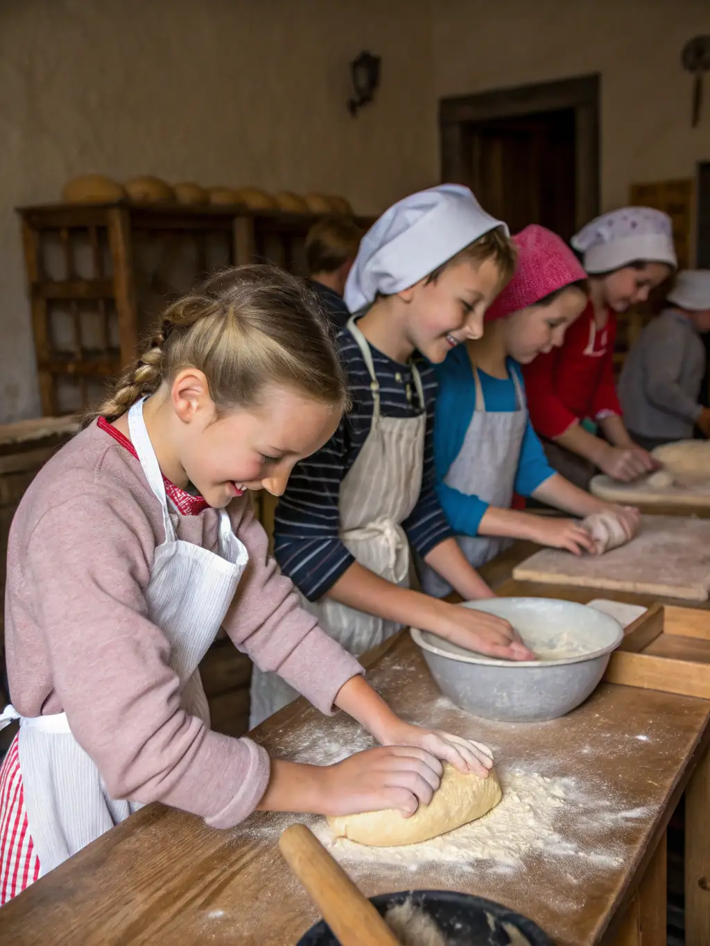 Children gathered around a guide during an educational tour of the fournil, engaging in interactive activities.