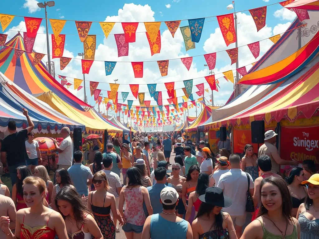 A lively outdoor festival with traditional music, dance, and artisans demonstrating bread-making techniques, attracting a diverse crowd.